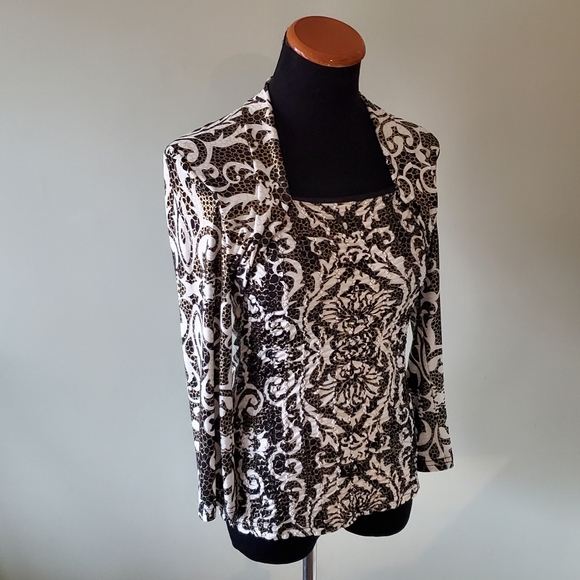 Joseph Ribkoff 8 Black Metallic Gold Sequins Gathered Pleated Square Neck Top - Picture 5 of 8
